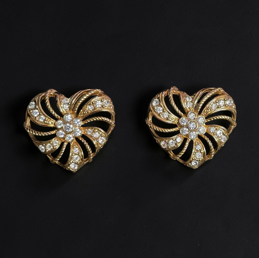 Avon Vintage 1994 Gold-Tone Heart & Crystal Romantic Trellis Earrings